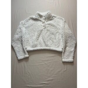 PacSun Womens Cream Sherpa Fleece Cropped Pullover Mock Neck Snap Button Small